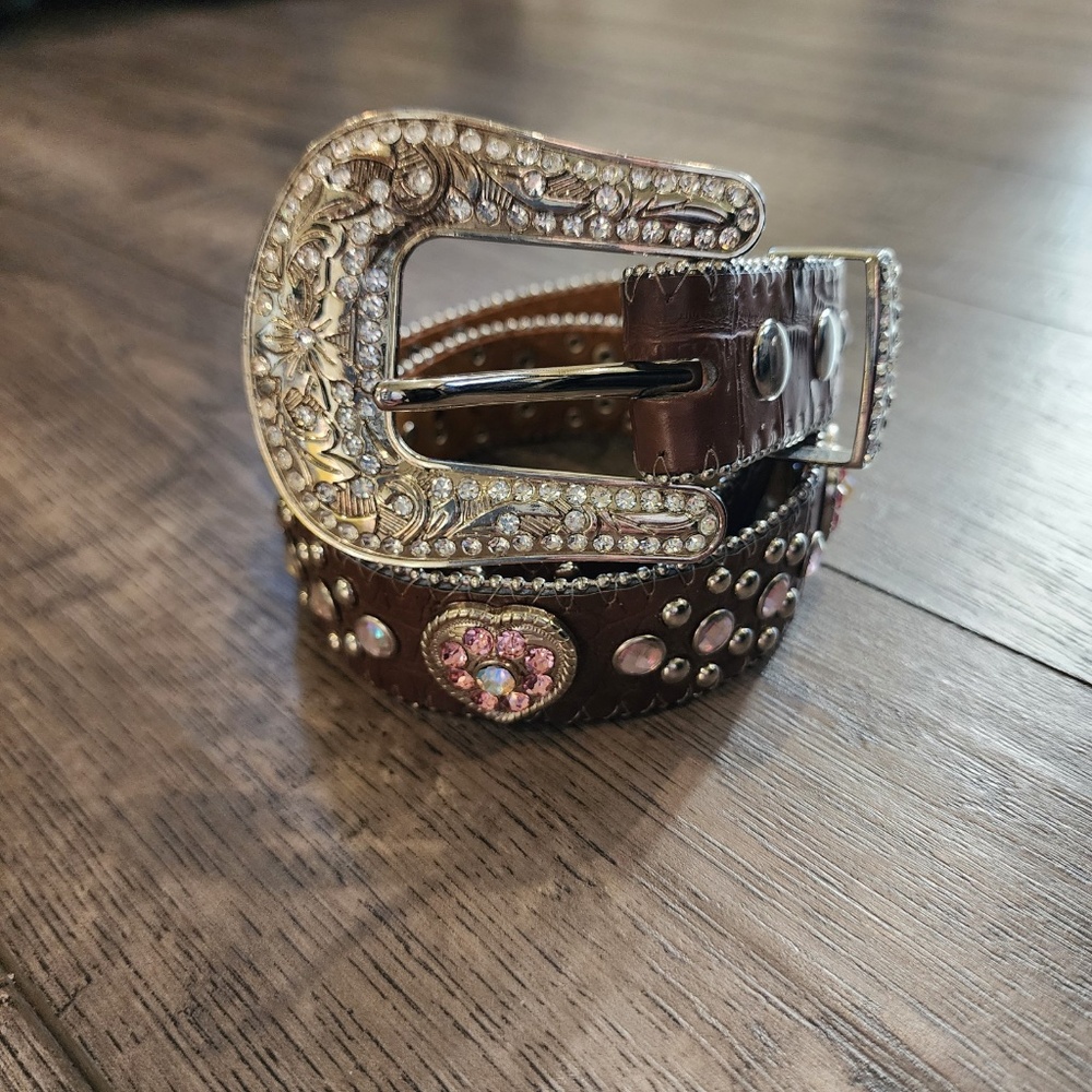 Nocona Girls Pink Heart Concho Belt Brown Western Rhinestone - N4425202